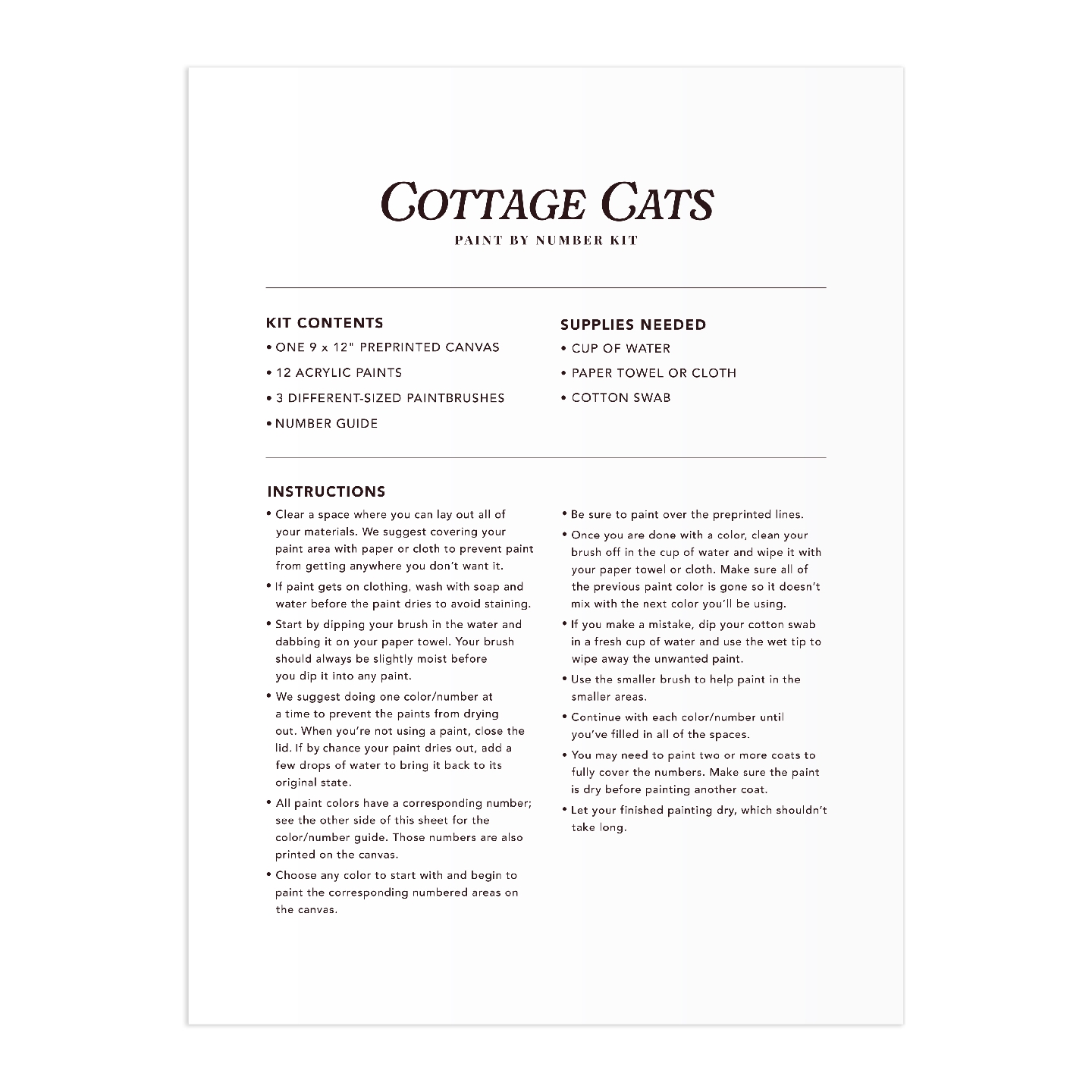 Cottage Cats 9 x 12" Paint by Number Kit