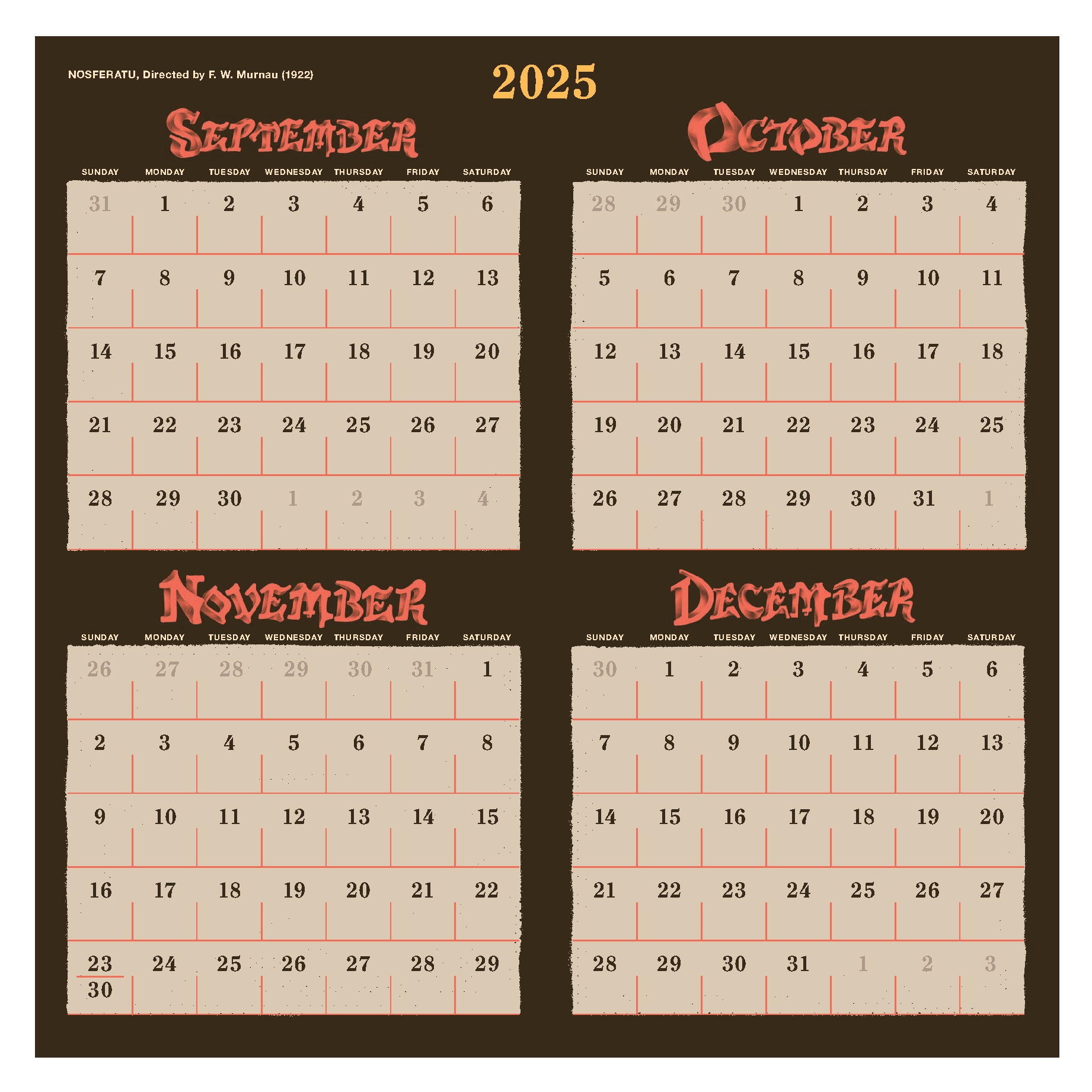 Classic Horror Movies 2026 Wall Calendar